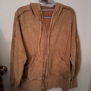 Relaxed Washed Tan Zip-Up Bomber Hoodie